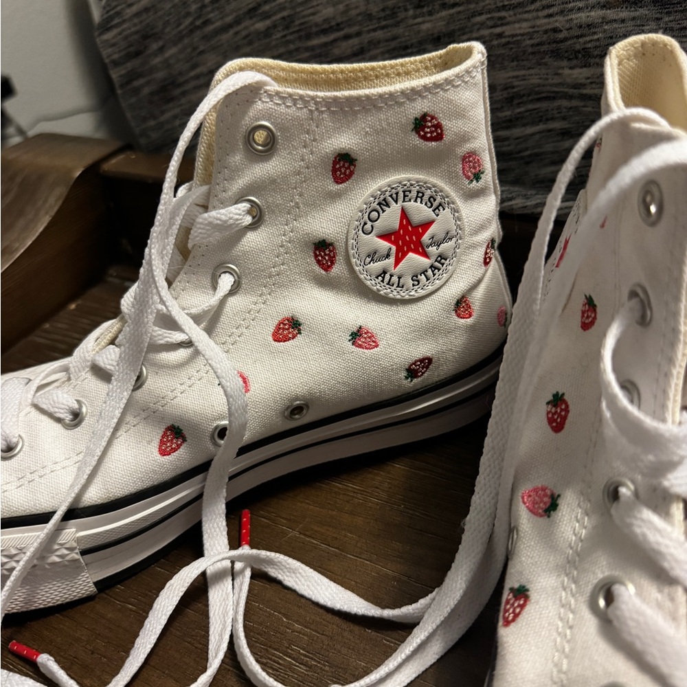 Converse White High-Top Sneakers with Pink & Red Strawberry Print